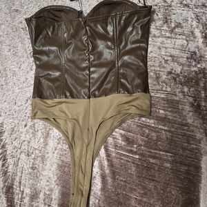 Brown Faux Leather Bodysuit With Brown Faux Leather Pleated Skirt New